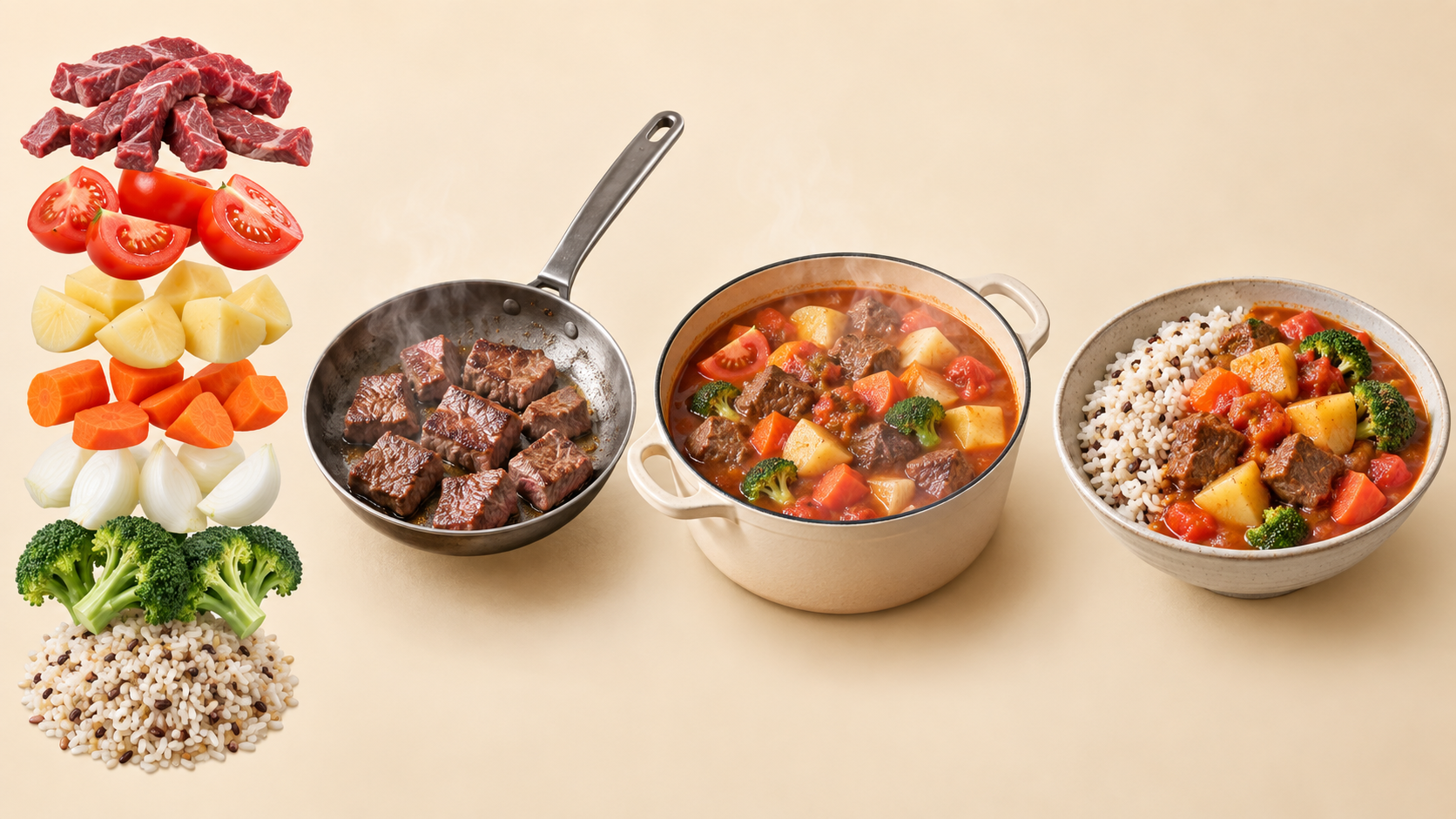 番茄牛肉烩菜配杂粮饭分层爆炸效果图