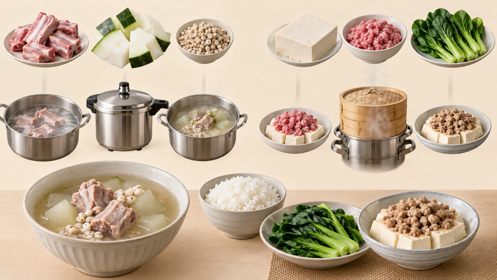 冬瓜排骨汤与清蒸豆腐肉末分层爆炸效果图
