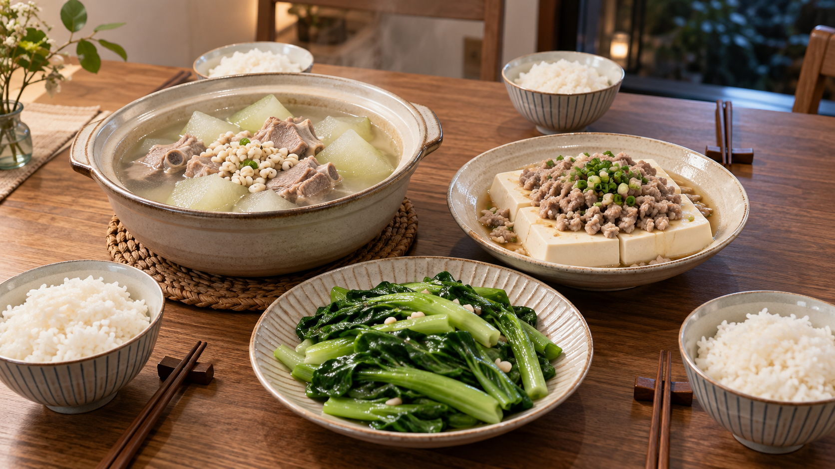 冬瓜排骨汤与清蒸豆腐肉末成品实景图