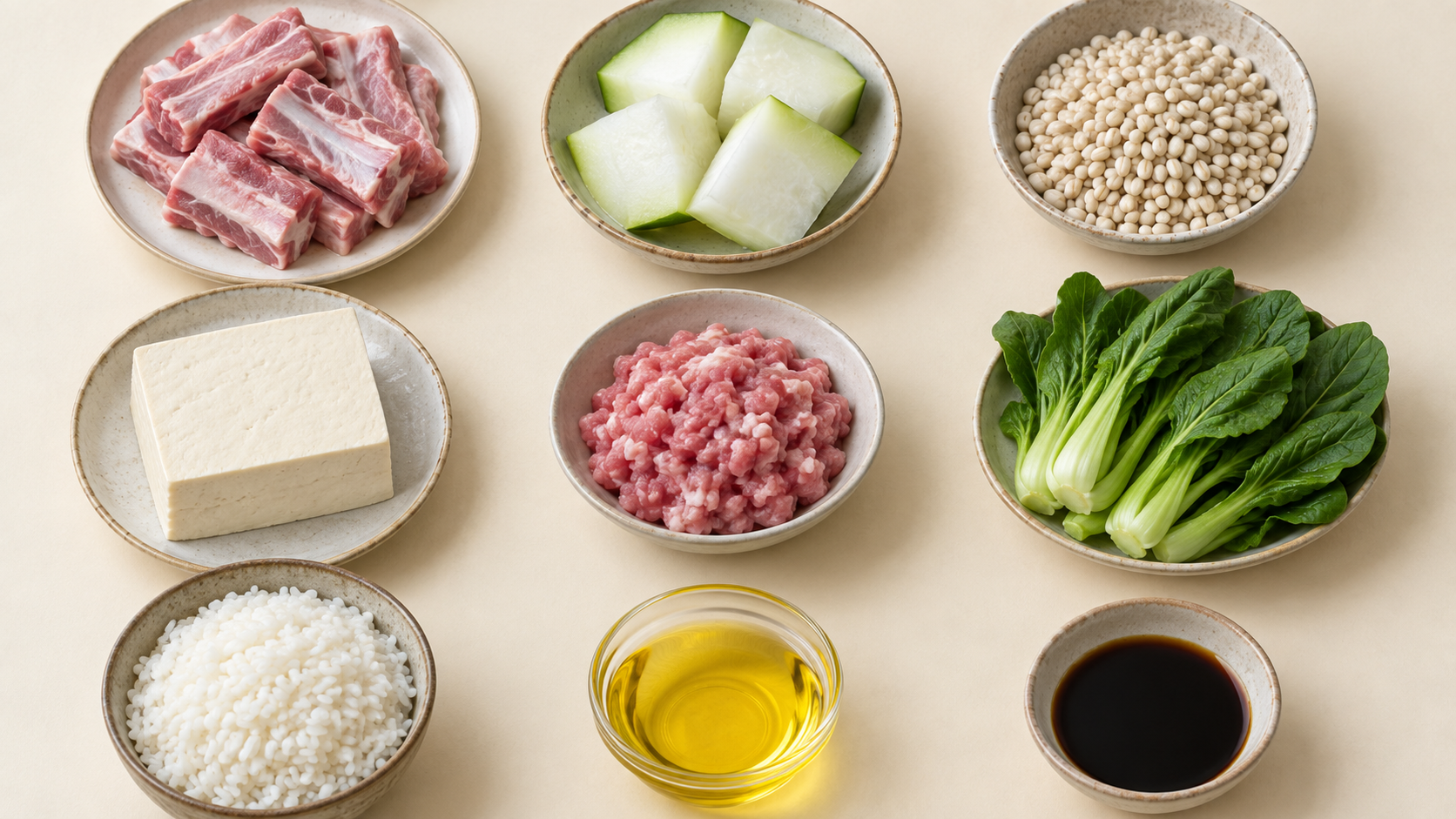 冬瓜排骨汤与清蒸豆腐肉末全部原料实景图