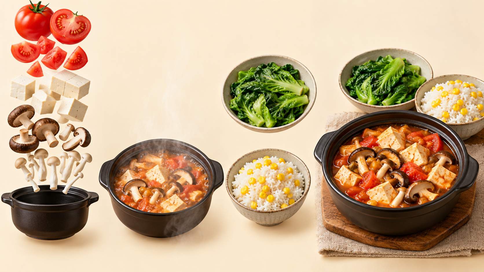 菌菇豆腐煲配玉米饭分层爆炸效果图