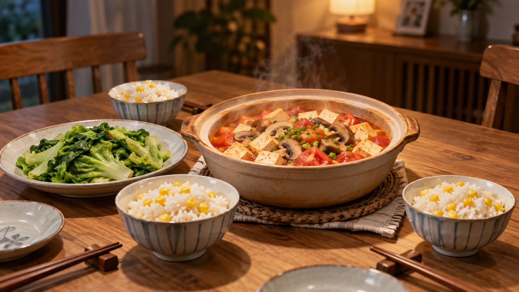 菌菇豆腐煲配玉米饭成品实景图