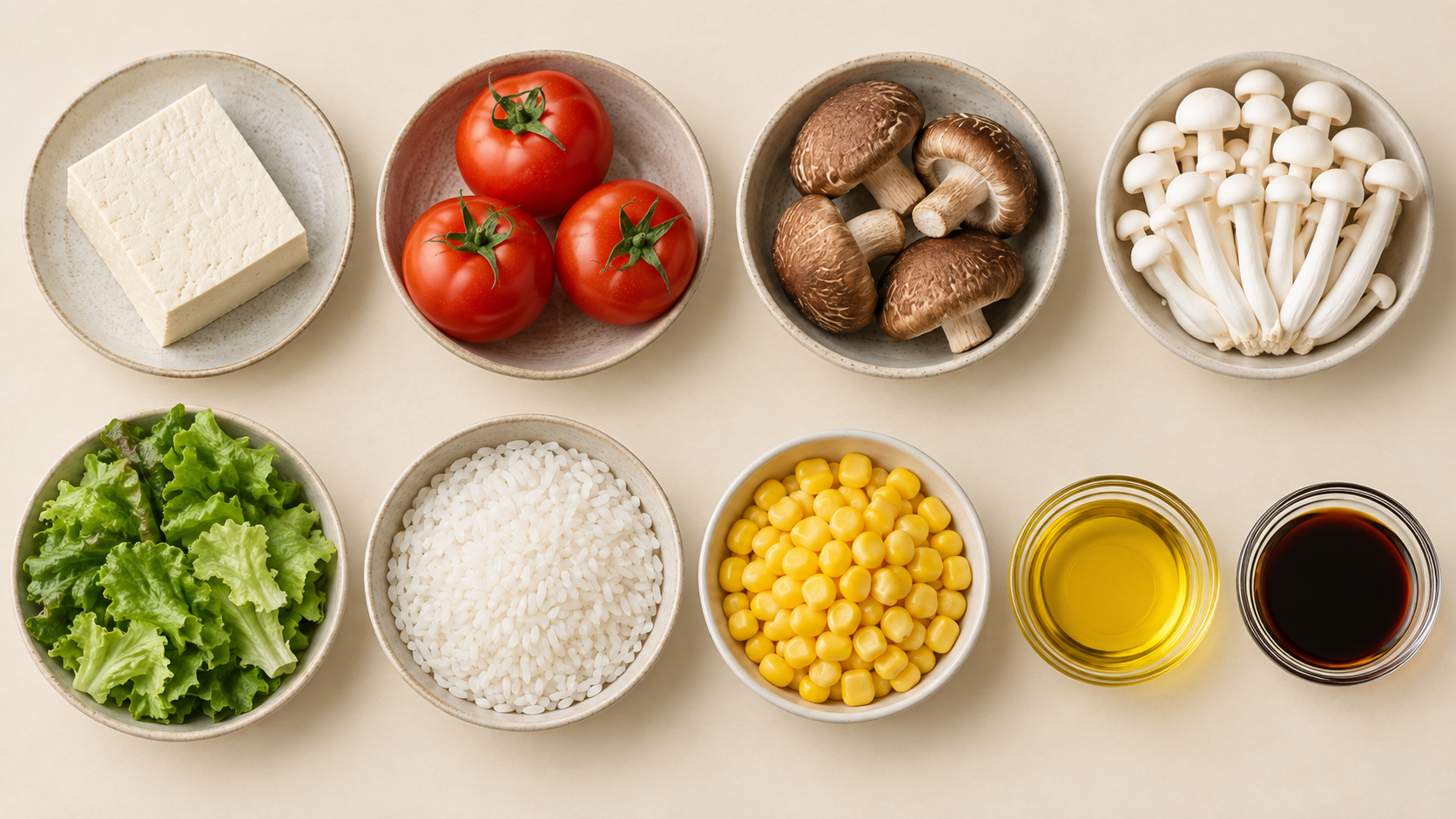 菌菇豆腐煲配玉米饭全部原料实景图