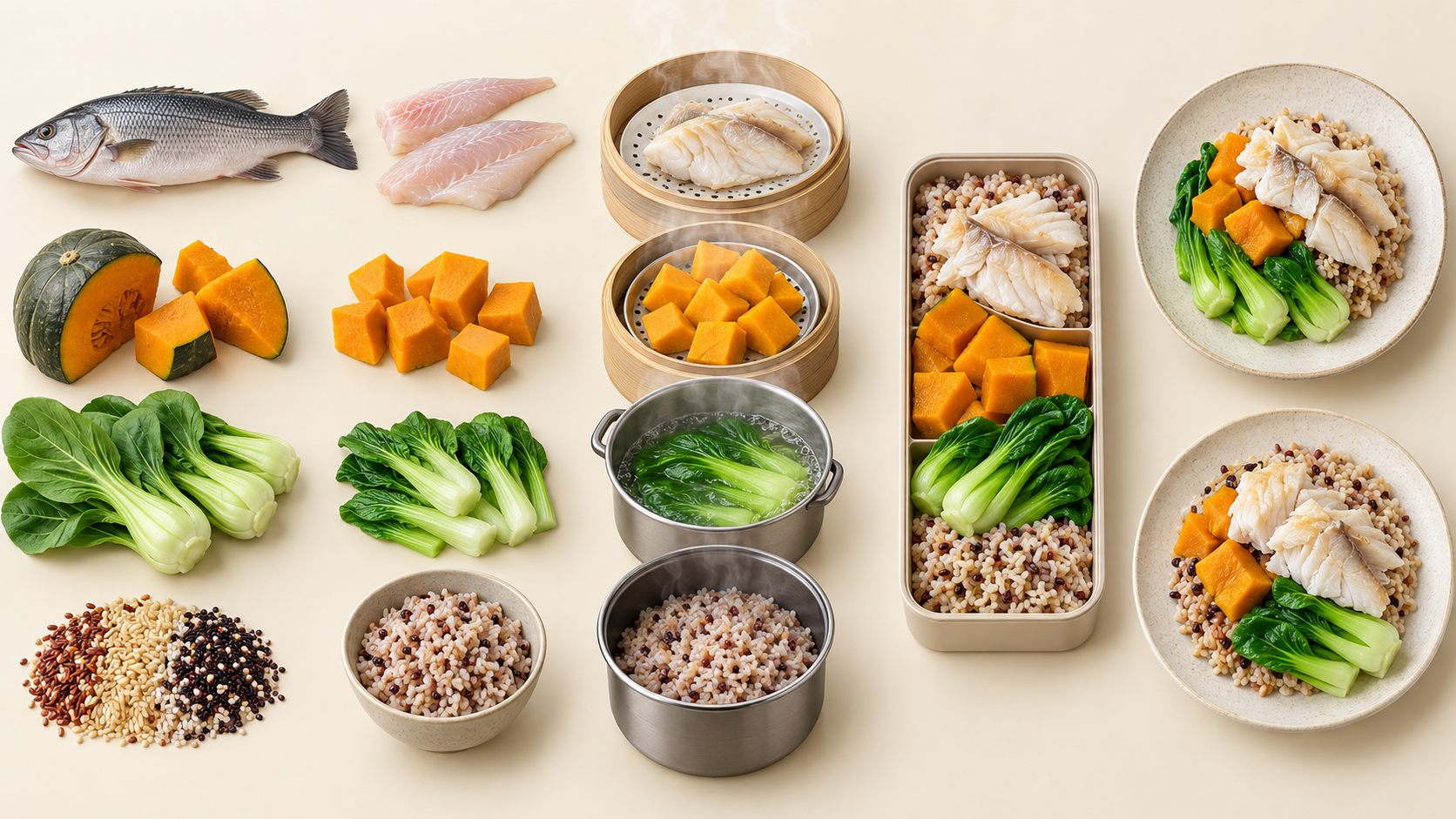 清蒸鲈鱼南瓜青菜饭分层爆炸效果图