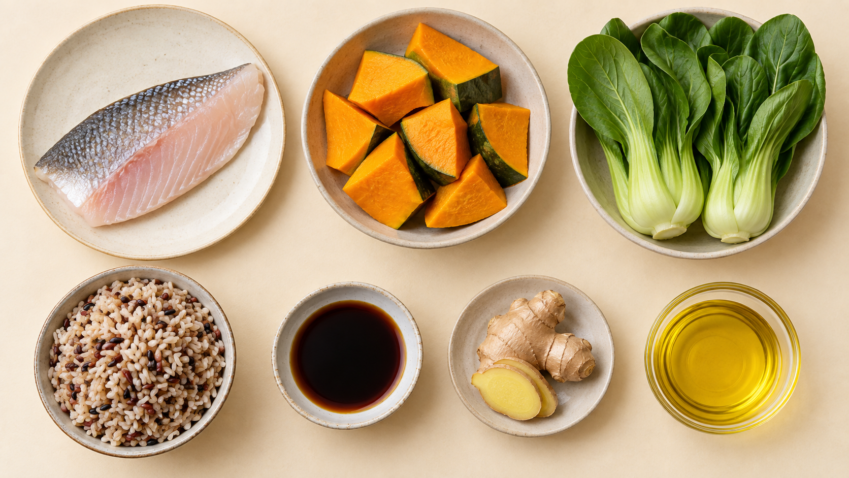 清蒸鲈鱼南瓜青菜饭全部原料实景图